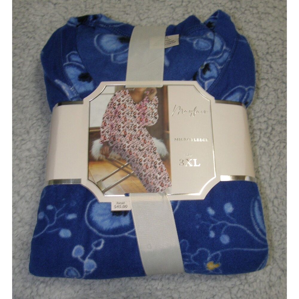 MAYFAIR Blue Floral Plus Sz 3XL Soft Fleece Comfy 2 Pc Pajama Lounge Set NEW